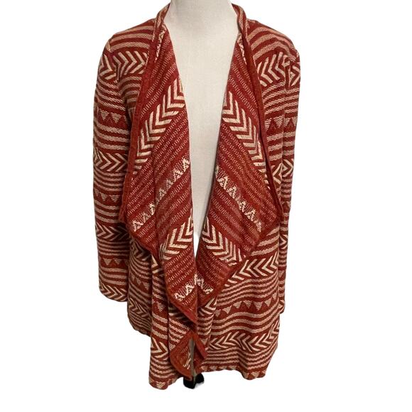 Lucky Brand Aztec Open Cardigan Womens Medium Rust Draped Sweater Topper Casual - Picture 3 of 8